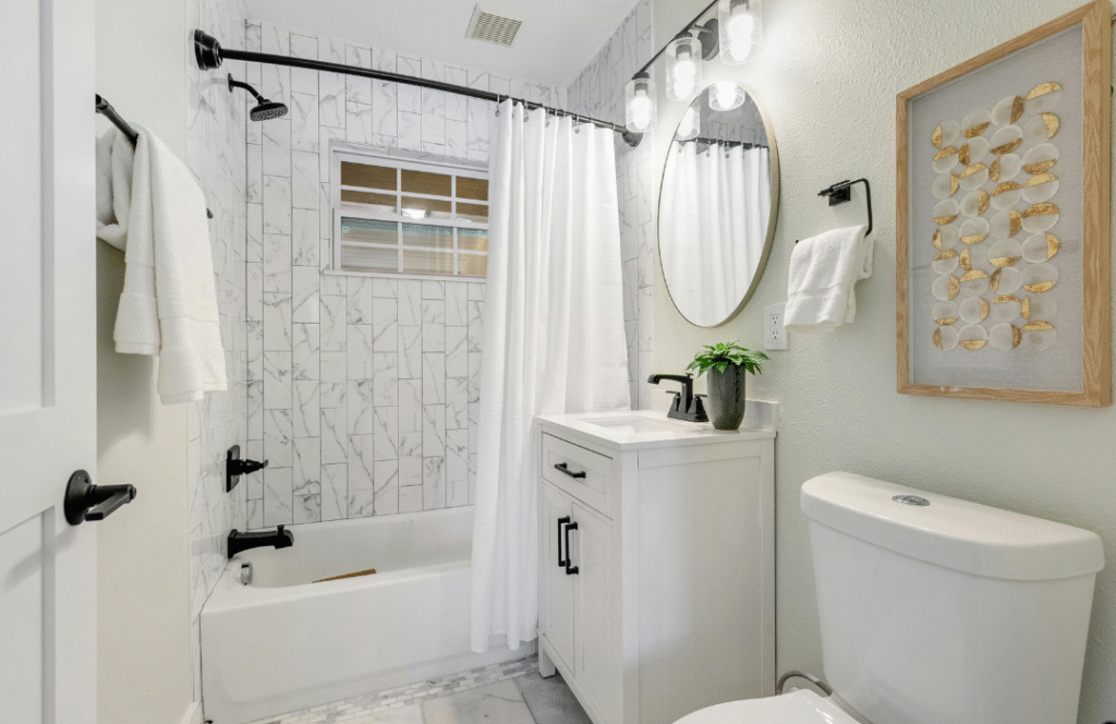 Simple and stylish bathroom renovation with clean design and modern fixtures in Orange County